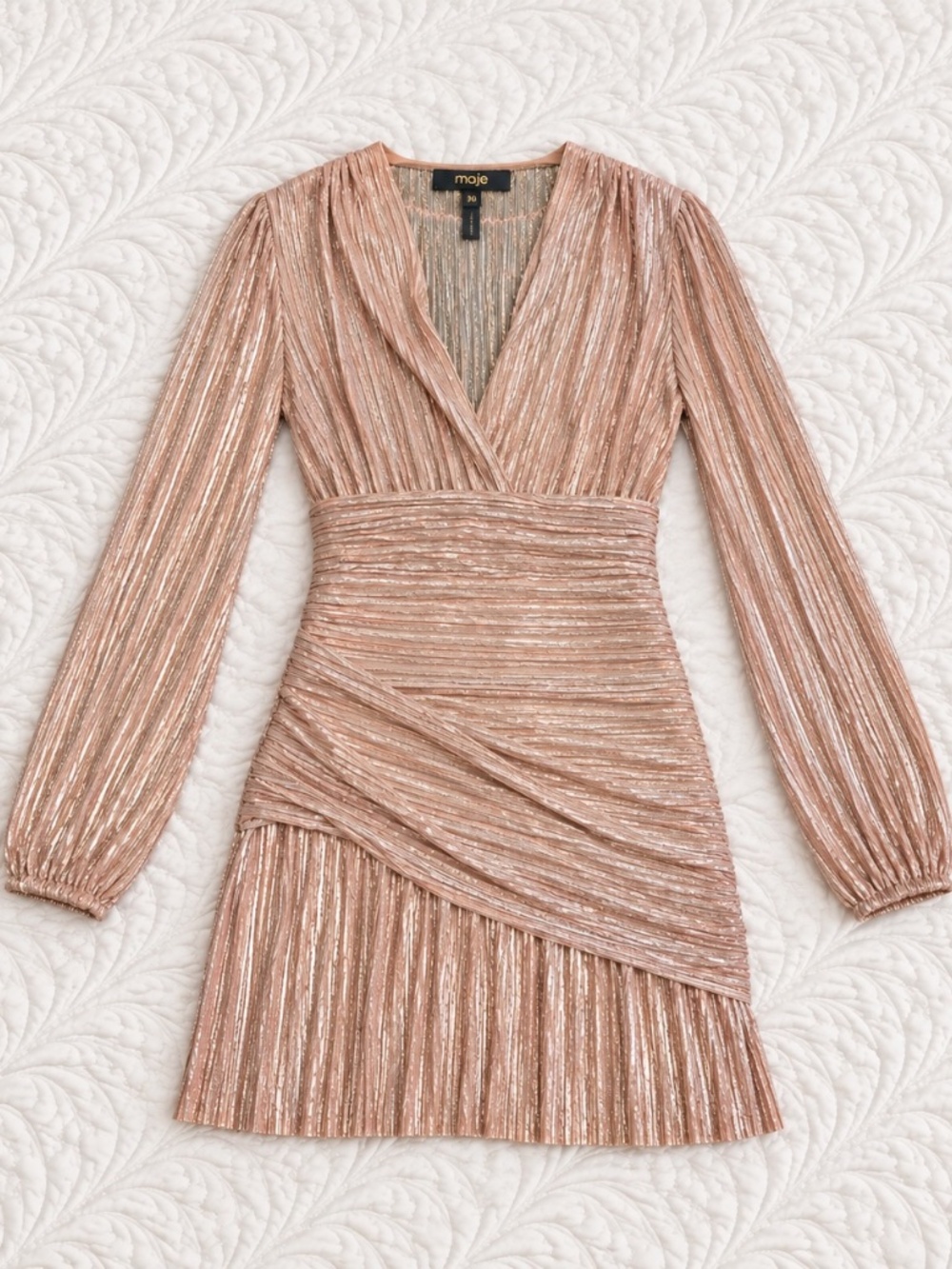 Maje Metallic Rose Gold Pleated Ruched Mini Dress Size 36